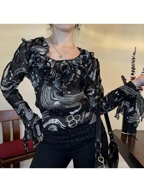 Vintage Kaelyn Max Whimsigoth Sheer Black & White Ruffle Blouse Womens Small